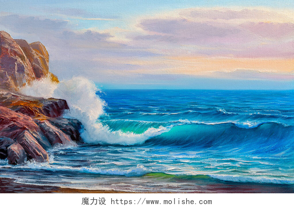 海上景观水彩插画早上在海上，波浪上，插图上，油画画在帆布上.